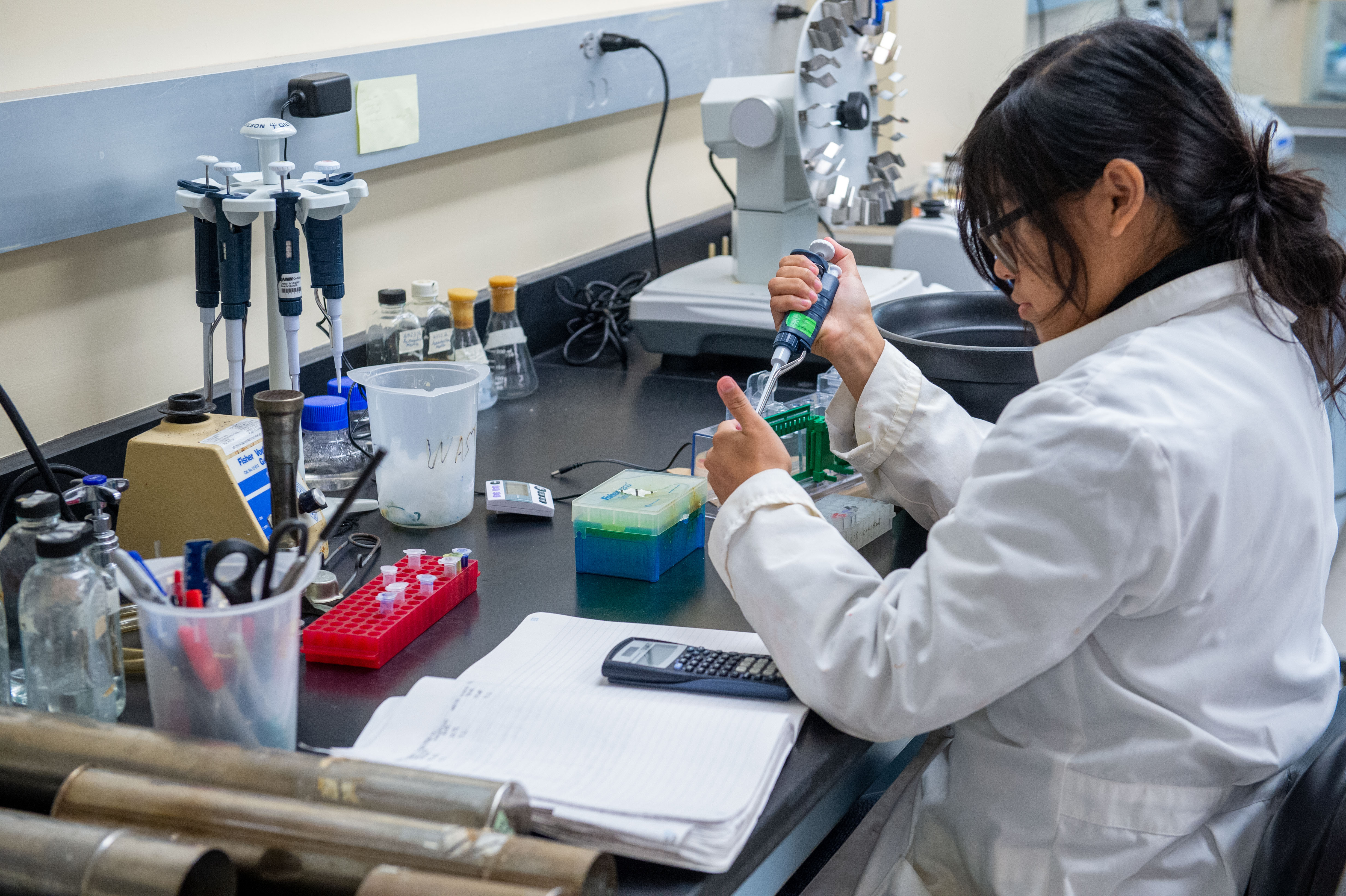 student studying in lab